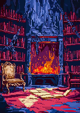 Pixel Art Library with Fireplace