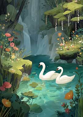Swans in a Floral Waterfall Pond