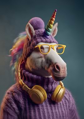 Hipster Unicorn with Headphones and Glasses
