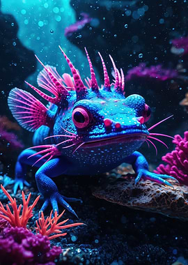 Neon Underwater Frog — Vibrant Surreal Amphibian Illustration