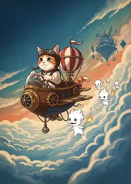 Steampunk Cat Pilot in the Sky