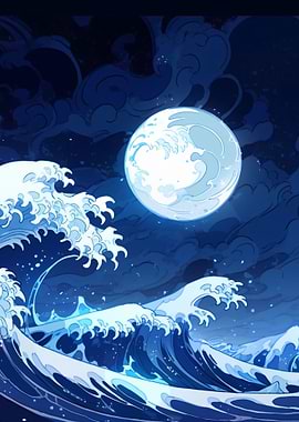 Blue Waves and Moon Digital Art