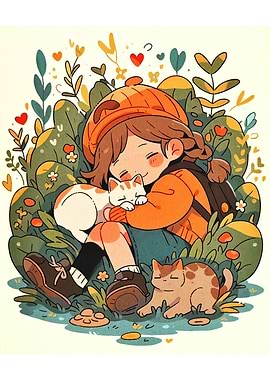 Girl with Cats in Garden Illustration