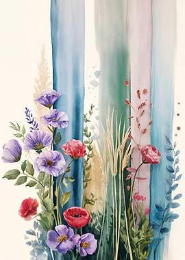 Floral Watercolor Painting with Vertical Stripes