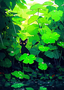 Black Cat in Rainy Greenery