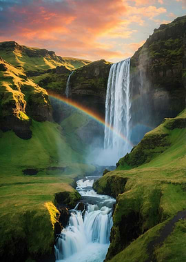 Waterfall with Rainbow in Green Landscape