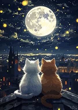 Cats Gazing at Moonlit Cityscape