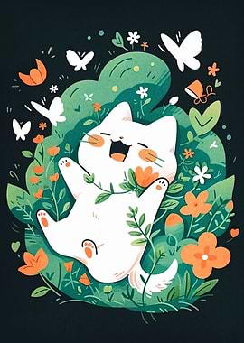 Happy Cat in Garden Illustration