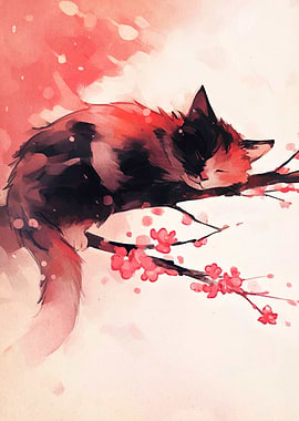 Sleeping Cat on Cherry Blossom Branch