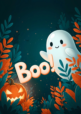 Cute Halloween Ghost “Boo!” and Pumpkin Illustration