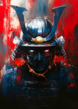 Samurai Warrior Portrait with Red Accents
