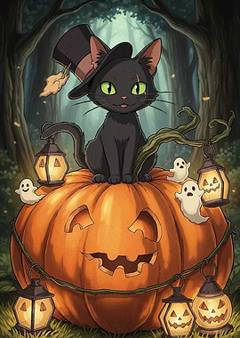 Halloween Cat Pumpkin Ghosts