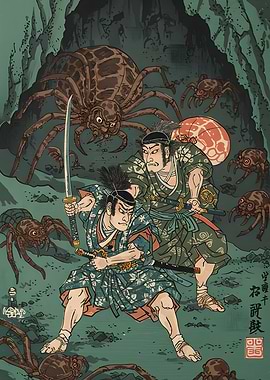 Samurai vs Spiders Ukiyo-e Style Art