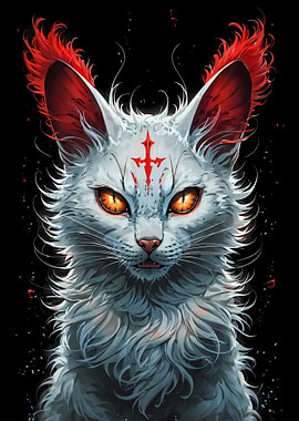 Mystical White Cat with Red Mark