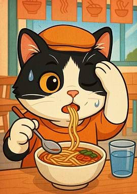 Cartoon Cat Eating Noodles Illustration