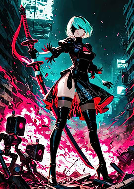 2B in a destroyed cityscape