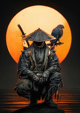 Ninja with Hawk and Rising Sun