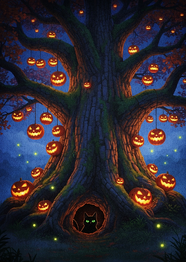 Halloween Tree with Jack-o'-Lanterns and Cat