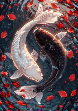Yin Yang Koi Fish with Petals