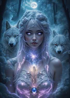 Mystical Woman with Wolves and Magic
