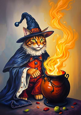 Striped Cat with Fiery Wizard Brewing Potion
