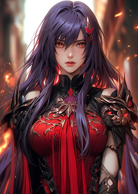 Anime Girl in Red and Black Armor