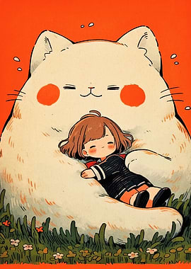 Girl Sleeping on a Giant Cat