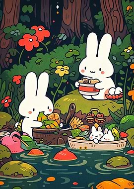Cute Rabbits Picnic in the Forest
