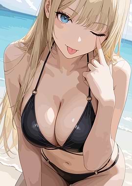 Blonde Anime Girl in Black Bikini