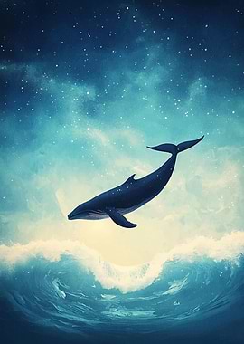 Whale in starry sky and ocean