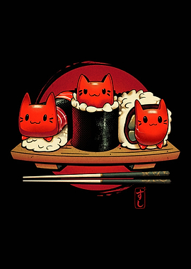 Sushi Cats on a Wooden Plate