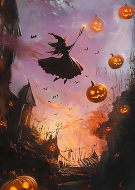 Halloween Witch Flying with Jack-o'-Lanterns