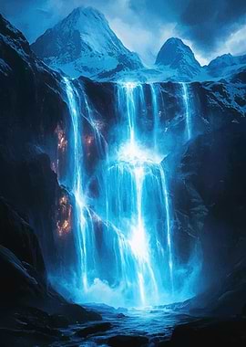 Blue Waterfall in Mountainous Landscape