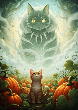 Cat in Pumpkin Patch with Spirit