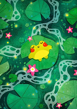 Cute Frog on Lily Pad Illustration