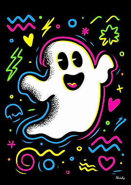Neon Pop Ghost Retro 80s 90s Halloween Art