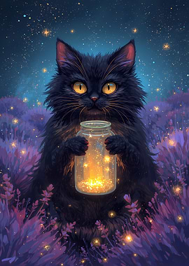 Black Cat Holding Jar of Stars