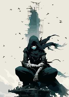 Hooded Figure on Ruined Structure