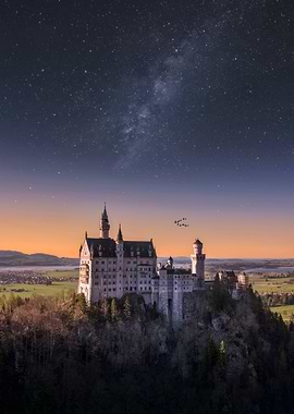 neuschwanstein castle under starry night sky