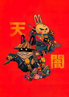 Skateboarding Samurai Rabbits on Red Background