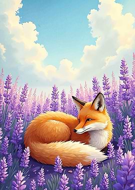 Fox Resting Lavender Field
