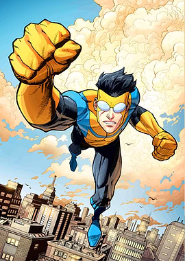 Invincible flying over a city