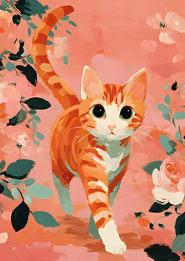 Orange Tabby Cat with Floral Background
