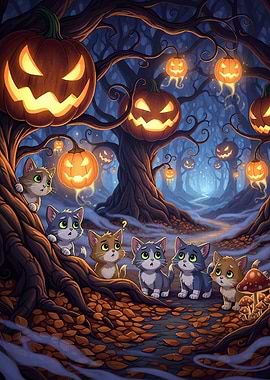 Halloween Cats Pumpkin Forest