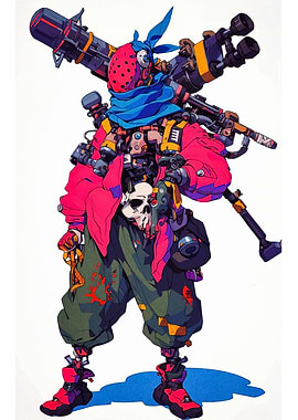 Cyberpunk Warrior with Skull and Weapons