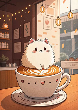 Cute Cat on Coffee Cup Illustration