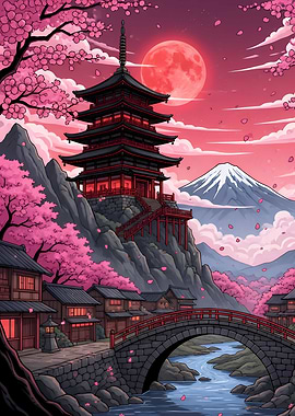 Japanese Pagoda with Cherry Blossoms