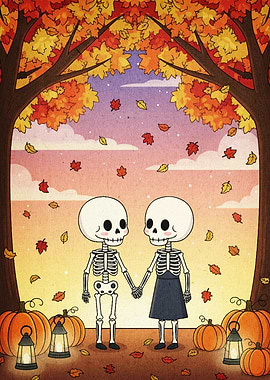 Skeleton Couple in Autumn Landscape
