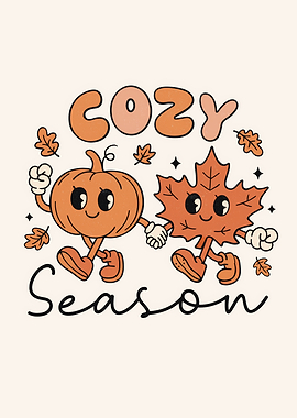 Cozy Season Cartoon Pumpkin and Leaf