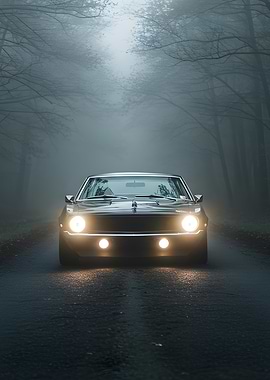 Classic Car in Foggy Forest Road